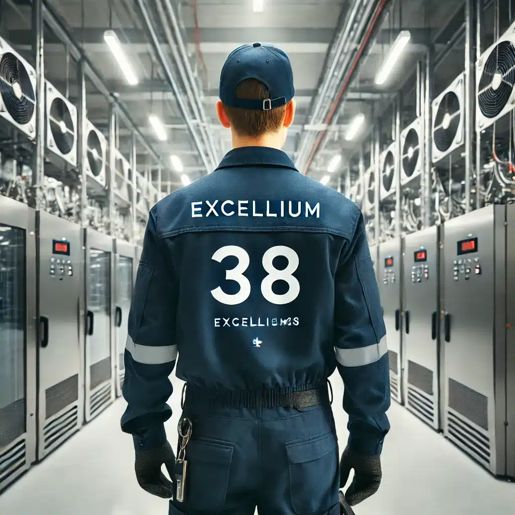 technicien vu de dos, portant une tenue bleu nuit avec "Excellium38" inscrit au dos, travaillant dans un entrepôt frigorifique.